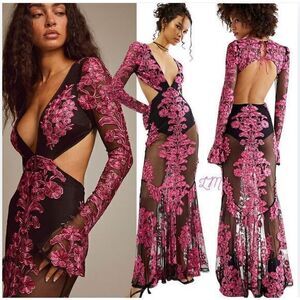 For Love and Lemons FP Temecula Cut Out Maxi Dress Small Black Pink Ombre‎